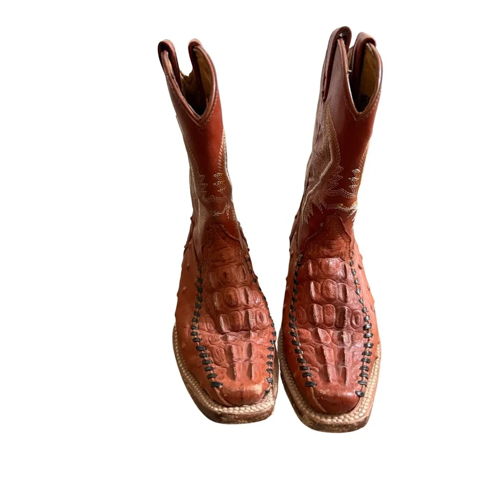 Majoma Kids Cognac Leather Alligator Ostrich Embossed Western Boots Size 1.5